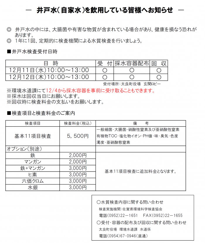 井戸水（自家水）を飲用している皆様へお知らせ