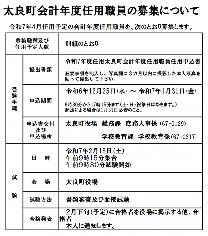 太良町会計年度任用職員の募集について