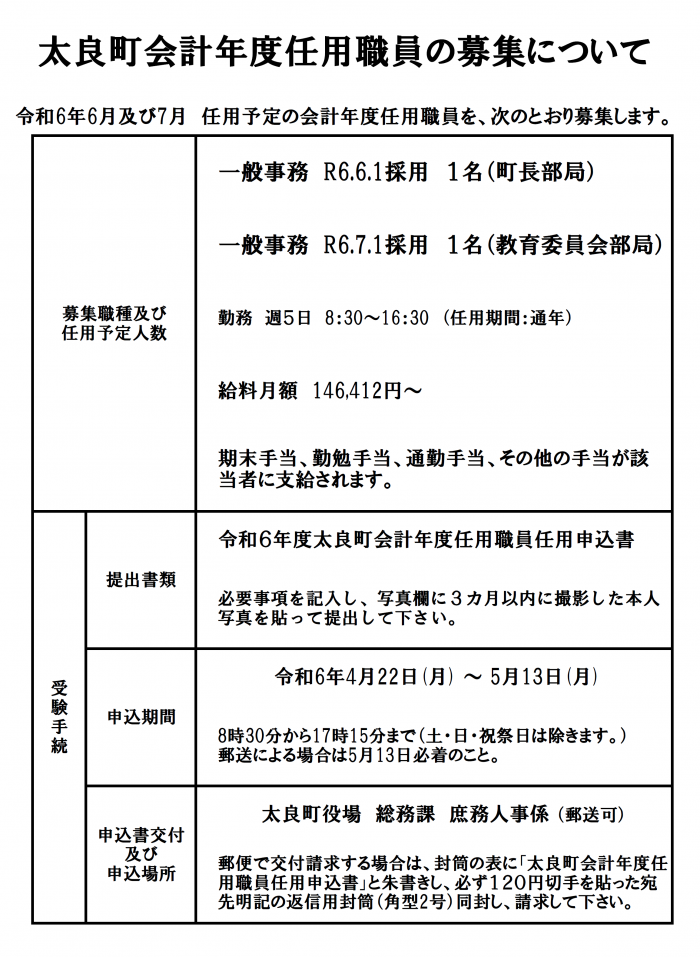 太良町会計年度任用職員の募集について1