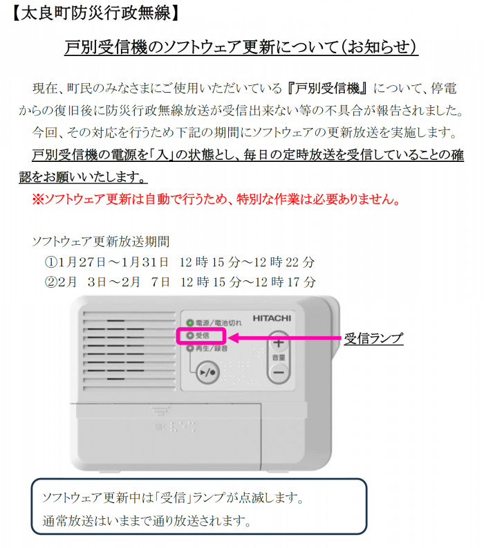 戸別受信機のソフトウェア更新について（お知らせ）