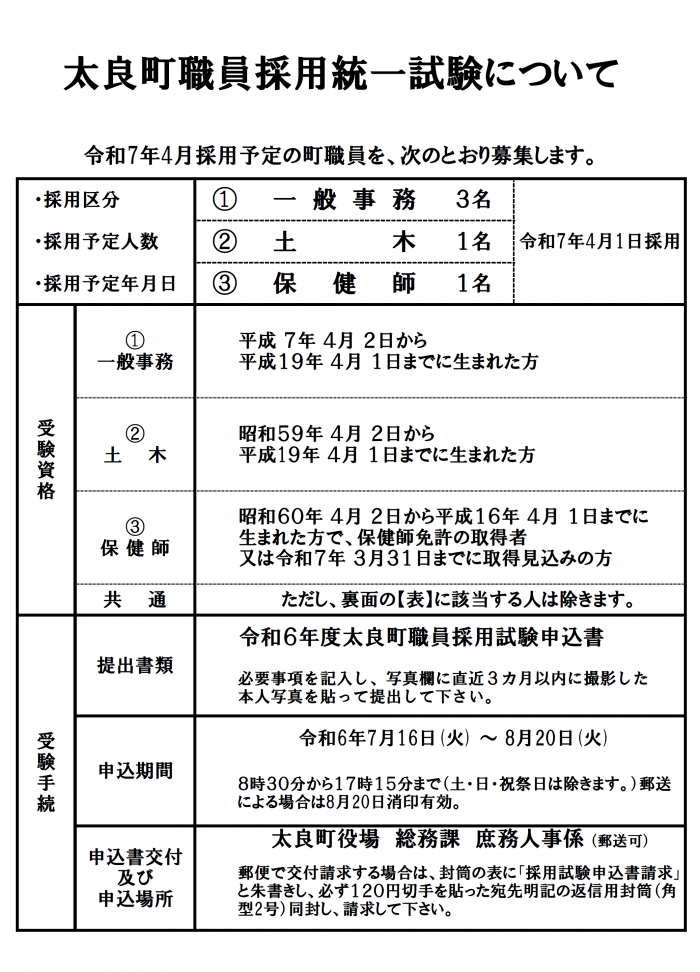 太良町職員採用統一試験について