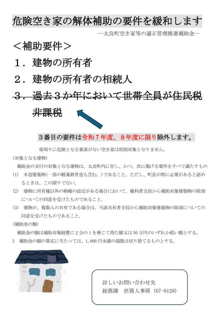 危険空き家の解体補助の要件を緩和します