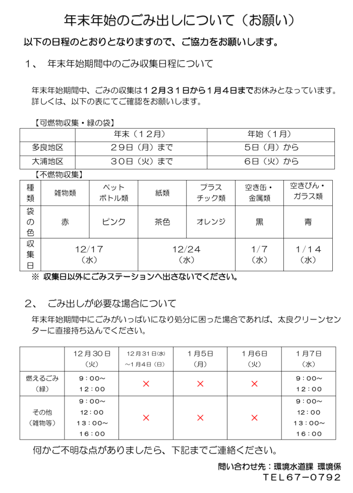 年末年始のごみ出しについて（お願い）